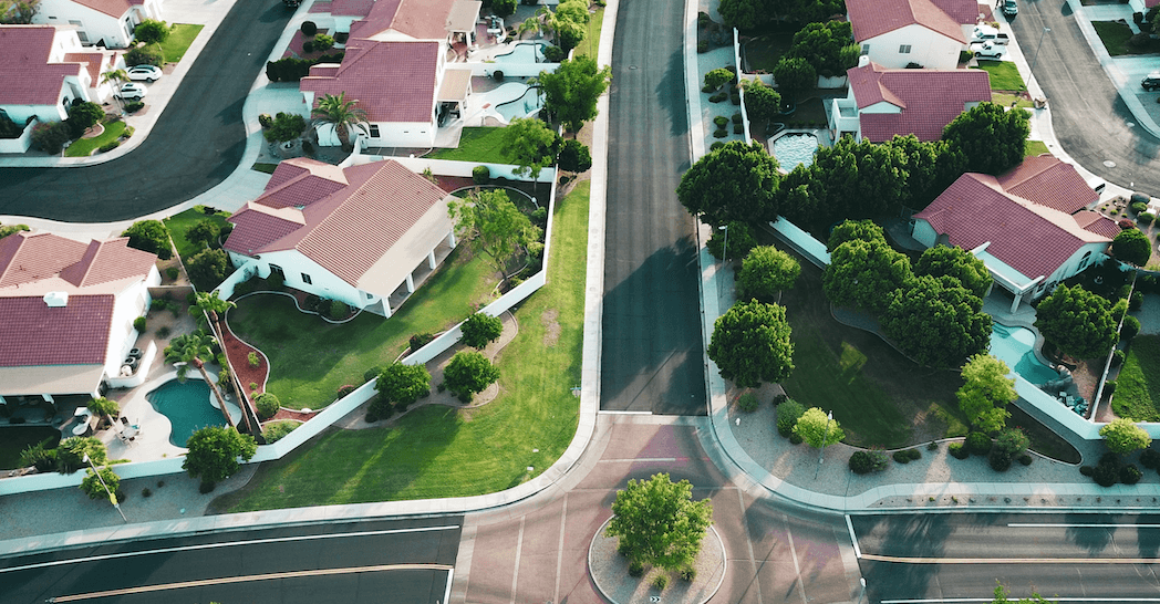 An image of the birds-eye view of a neighborhood.