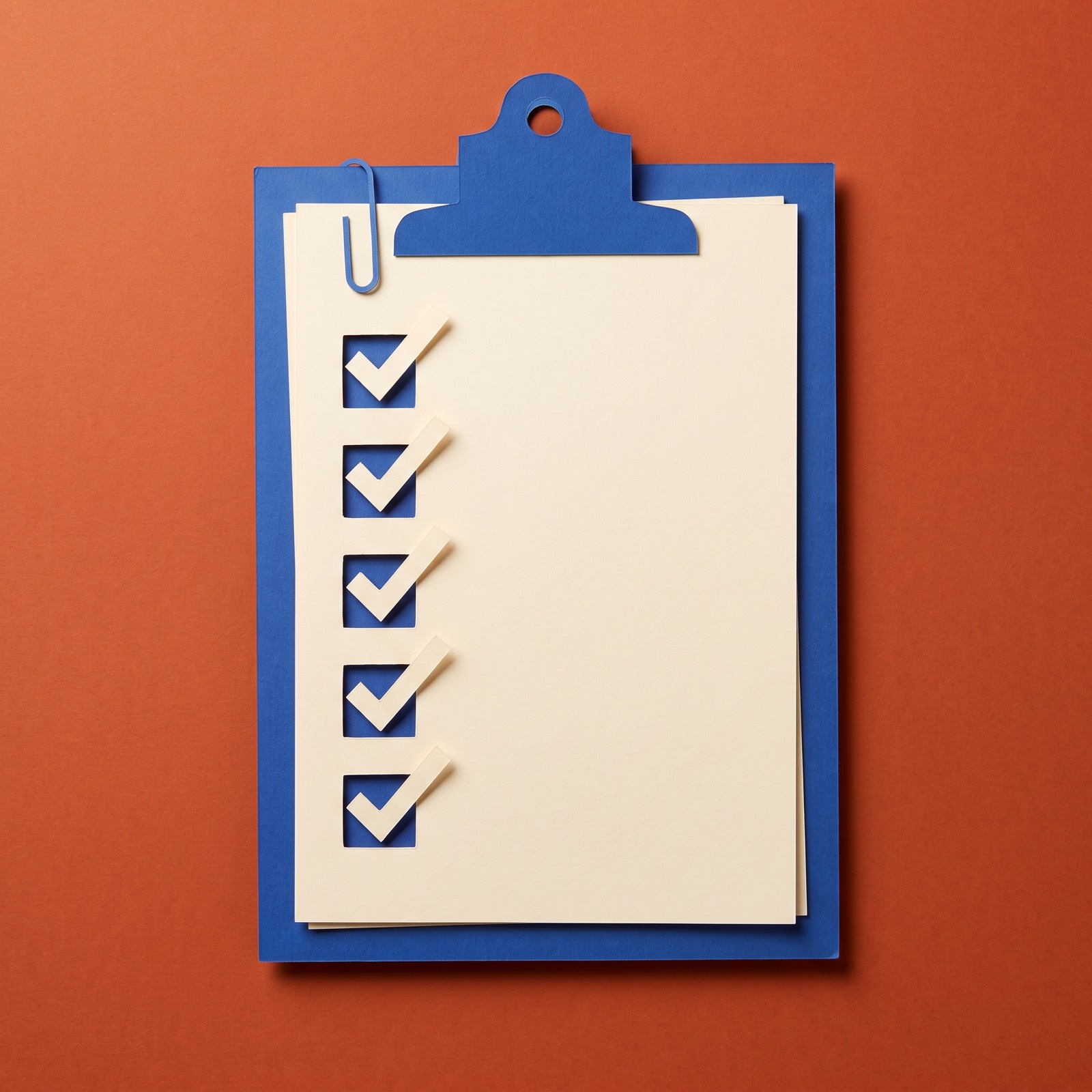 Paper sculpture of a clipboard holding a checklist with a column of ticked boxes