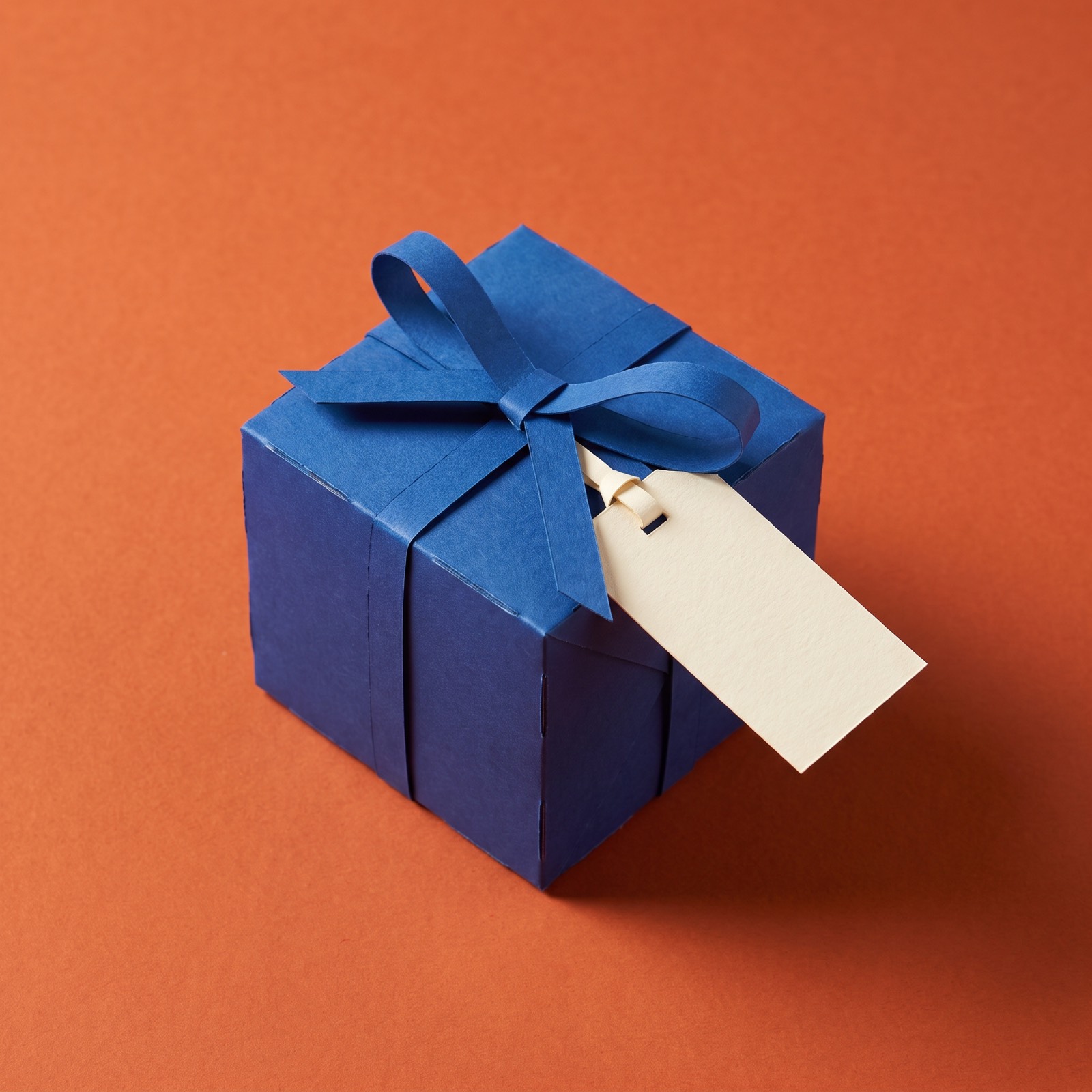 Paper sculpture of a wrapped gift box tied with a ribbon