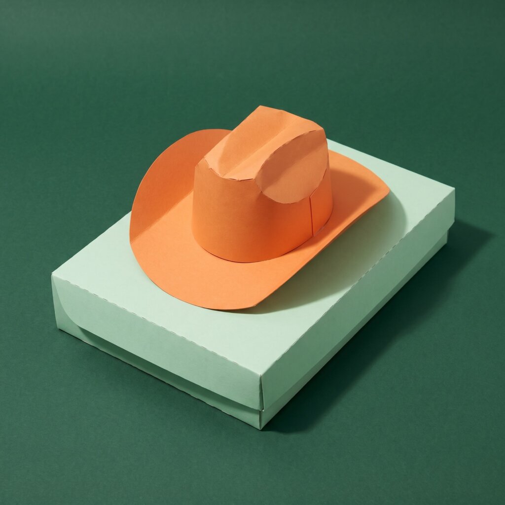 Paper sculpture of a cowboy hat resting on top of a closed filing box