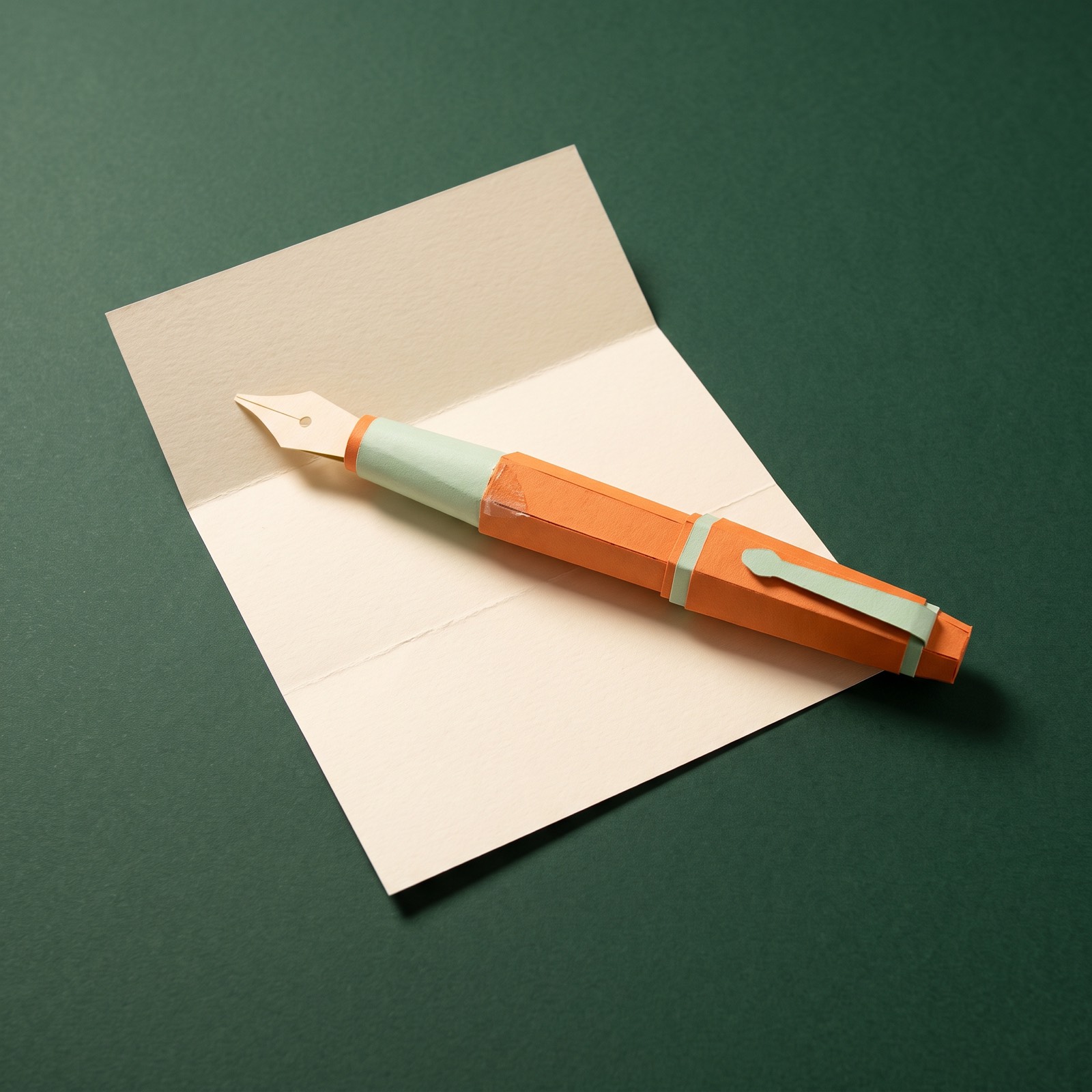 Paper sculpture of a fountain pen resting on a folded letter
