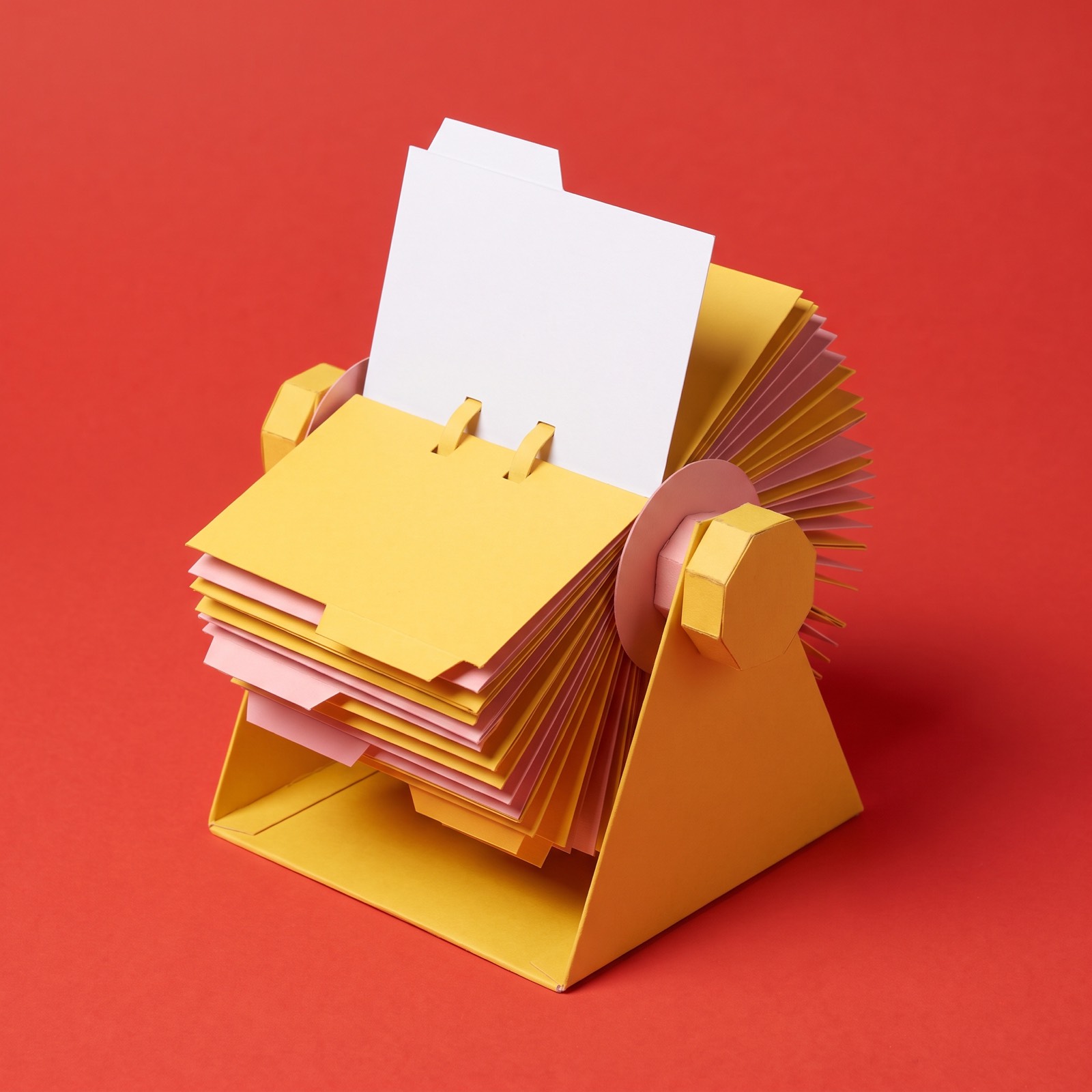 Paper sculpture of a rotary card file of contact cards on its stand, with one card standing up out of the rest